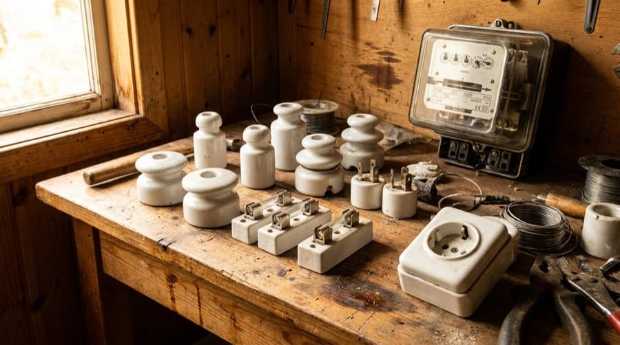 Elektroporselen ürünler: porselen izolatörler, sigorta buşonları, priz ve analog elektrik sayacı — GooPlast 1977 elektrik dönemi